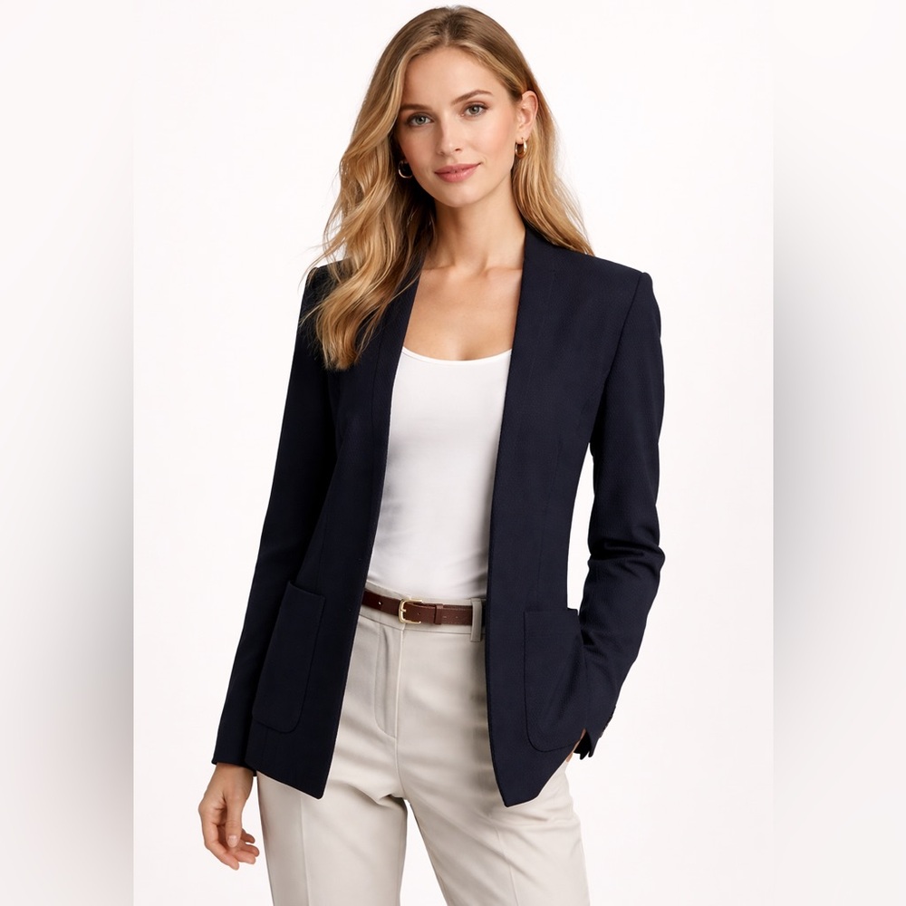 Theory Navy Textured Wool Blend Open Front Blazer Jacket Size 0